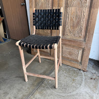 Black Leather and Teak Counter Stools - Set of 6