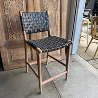 Black Leather and Teak Counter Stools - Set of 6
