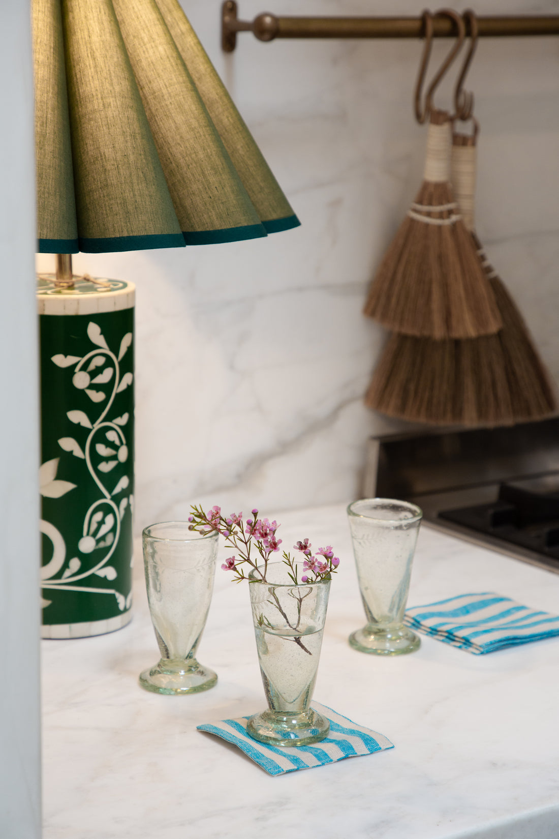 Green Inlay Lamps With Handmade Monochromatic Green Linen Shades