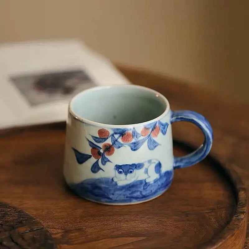 Hand-Painted Ceramic Cat & Persimmon Mug