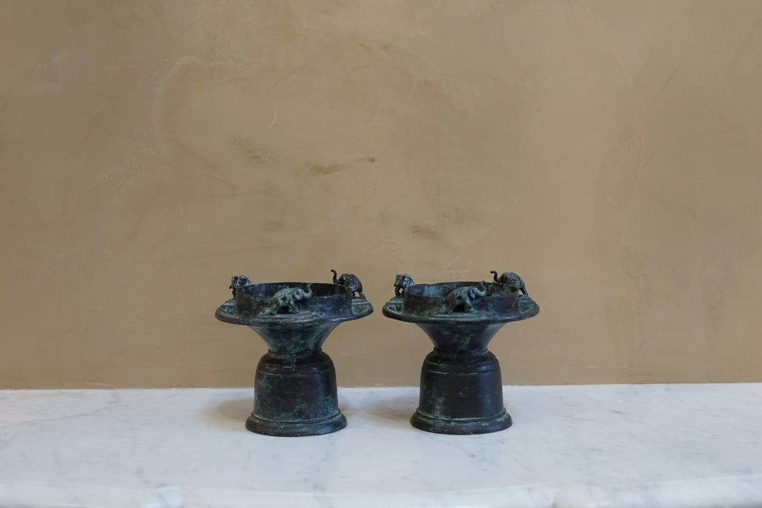 Pair of Vintage Patina Elephant Candle Holders