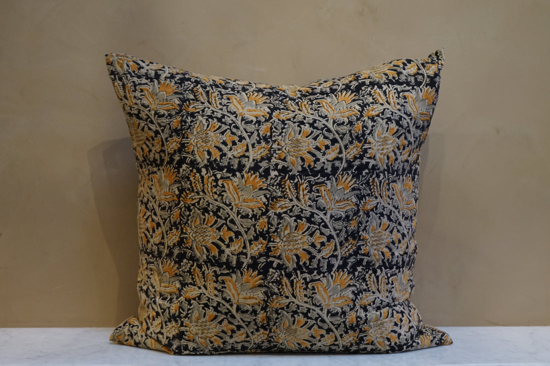 Indian Block Print Pillow - Black with Yellow and Hazel Floral