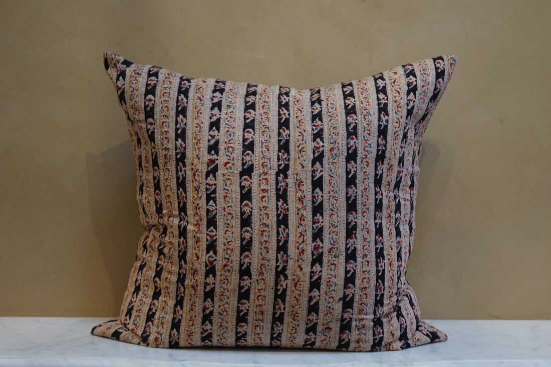 Indian Block Print Pillow - Black Stripe with Red Yellow and Blue Floral