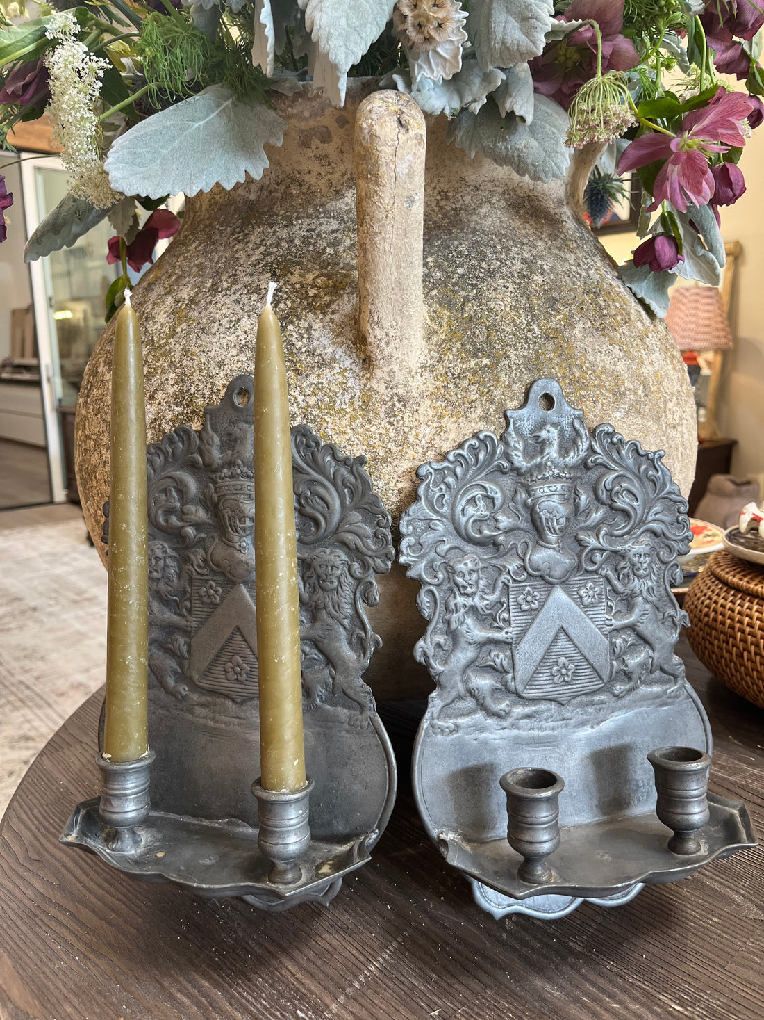 Vintage Embossed Crest Wall Sconces-Pair