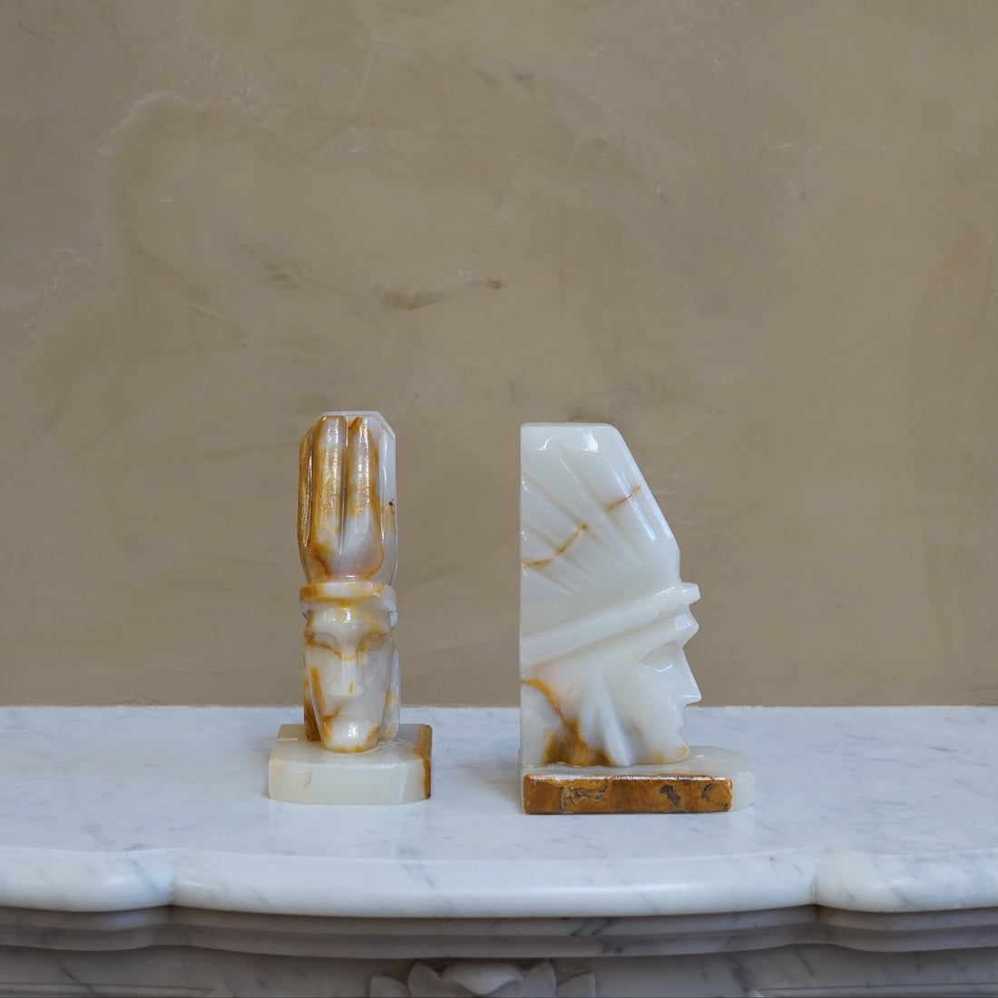Pair of Carved Onyx Aztec Bookends