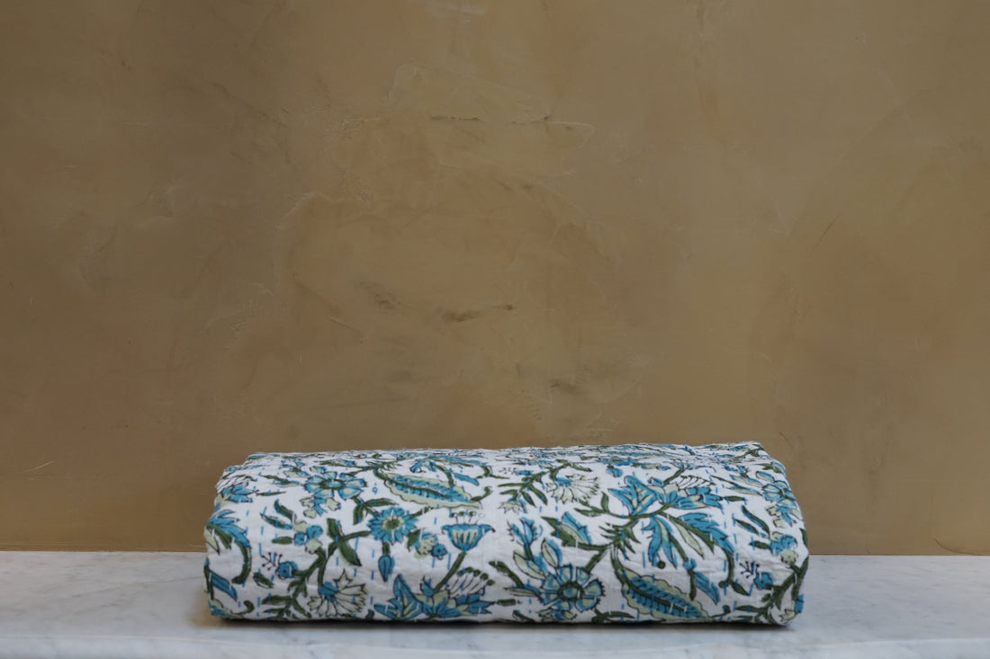 Kantha Quilt -Blue and Green Garden