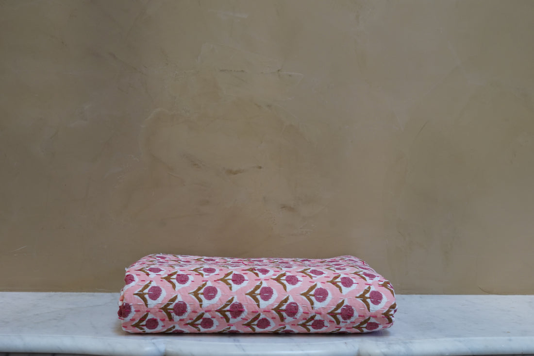 Kantha Quilt - Pink Block Print