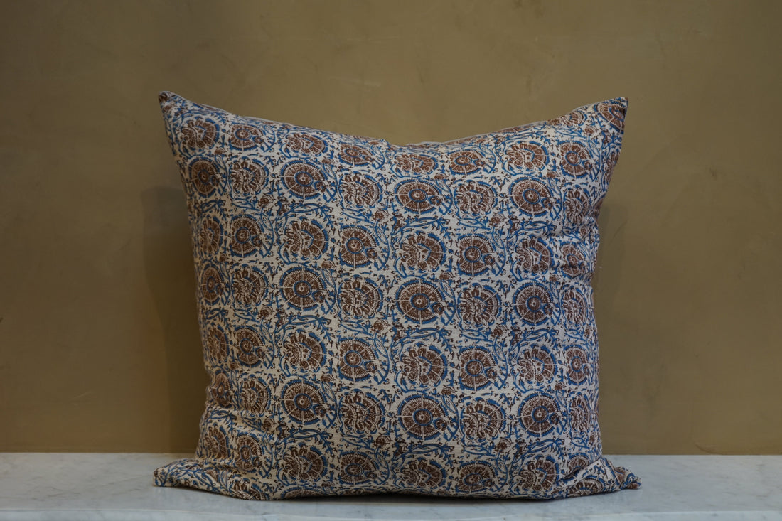 Indian Block Print Pillow - Blue Vines Brown Mandala