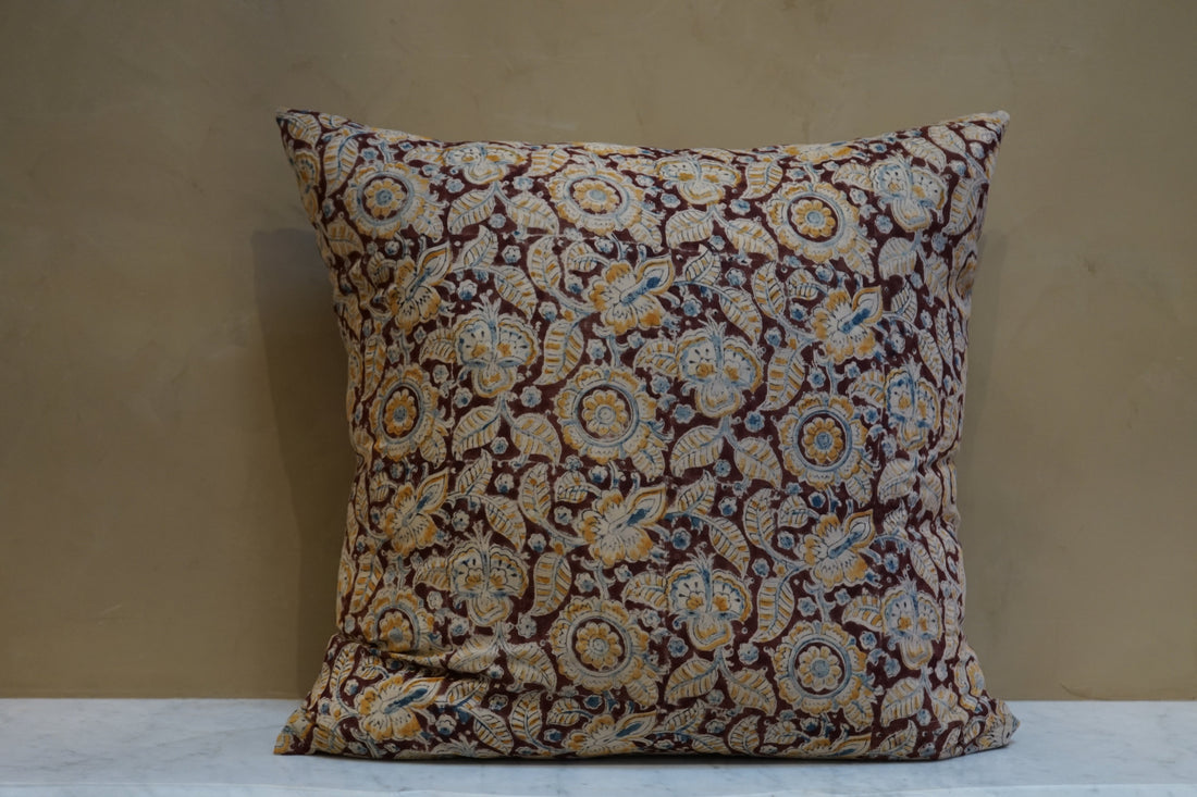 Indian Block Print Pillow - Berry Yellow & Blue