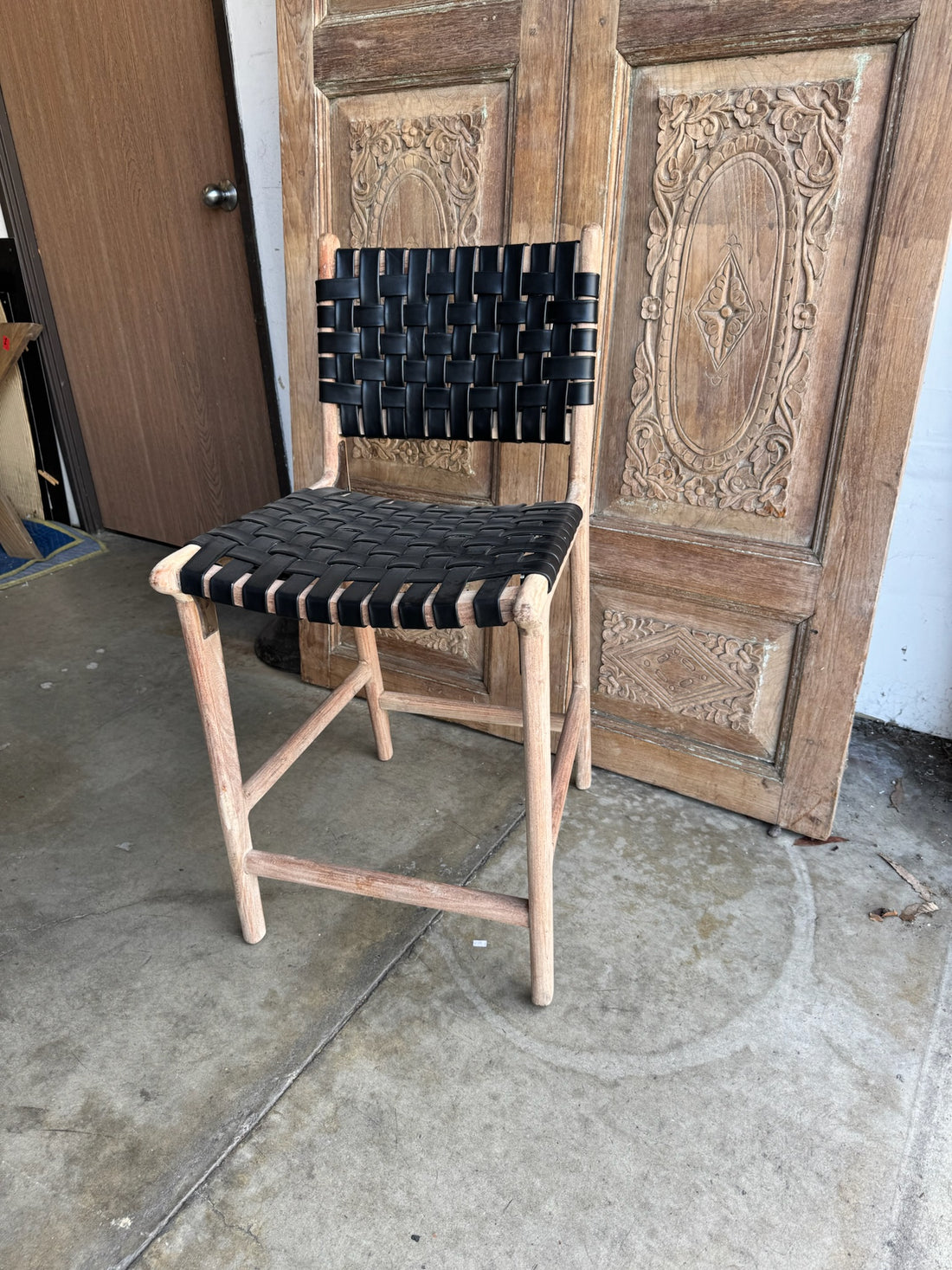 Black Leather and Teak Counter Stools - Set of 6