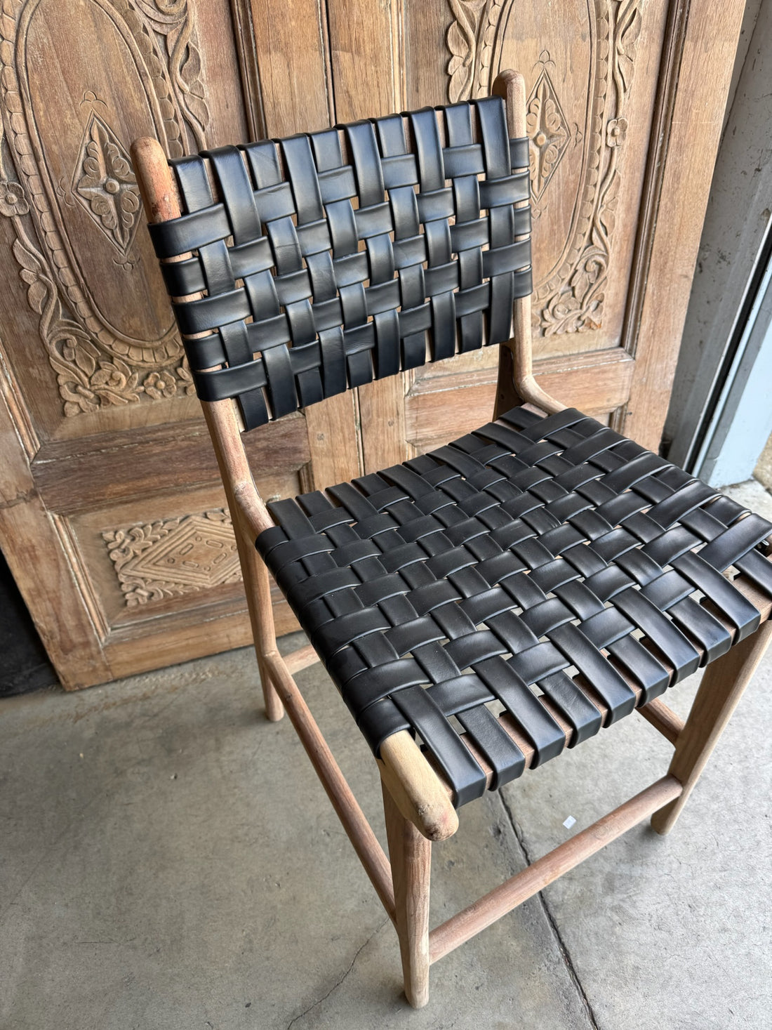 Black Leather and Teak Counter Stools - Set of 6