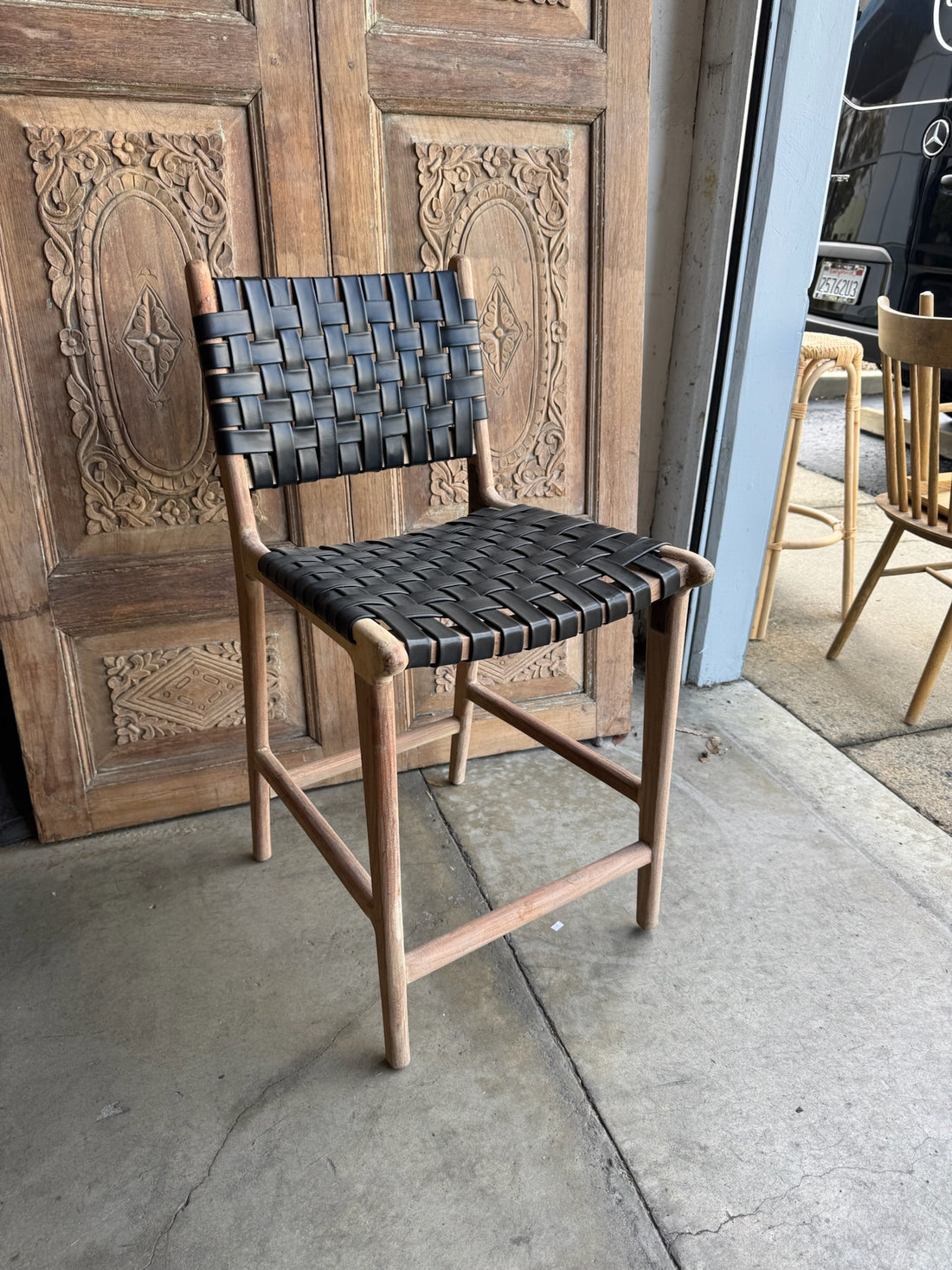 Black Leather and Teak Counter Stools - Set of 6