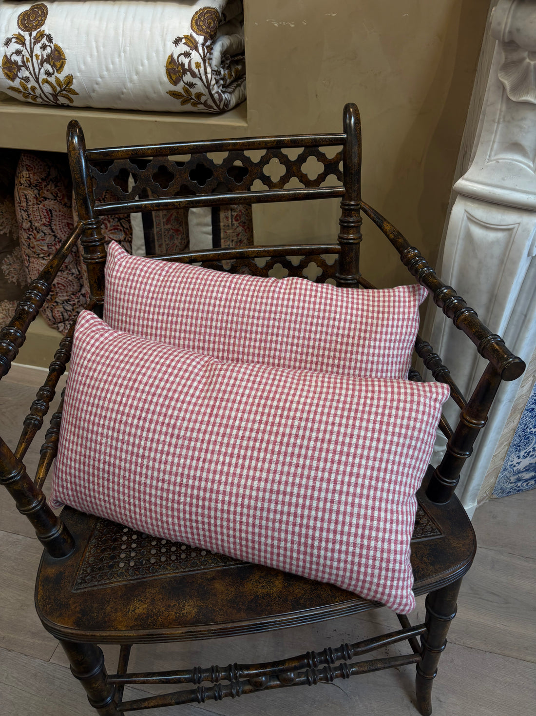 Pink gingham lumbar pillow