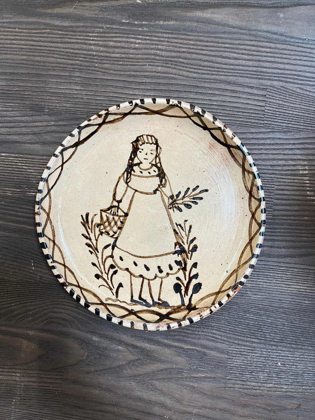 Vintage Painted Plate with Girl & Basket