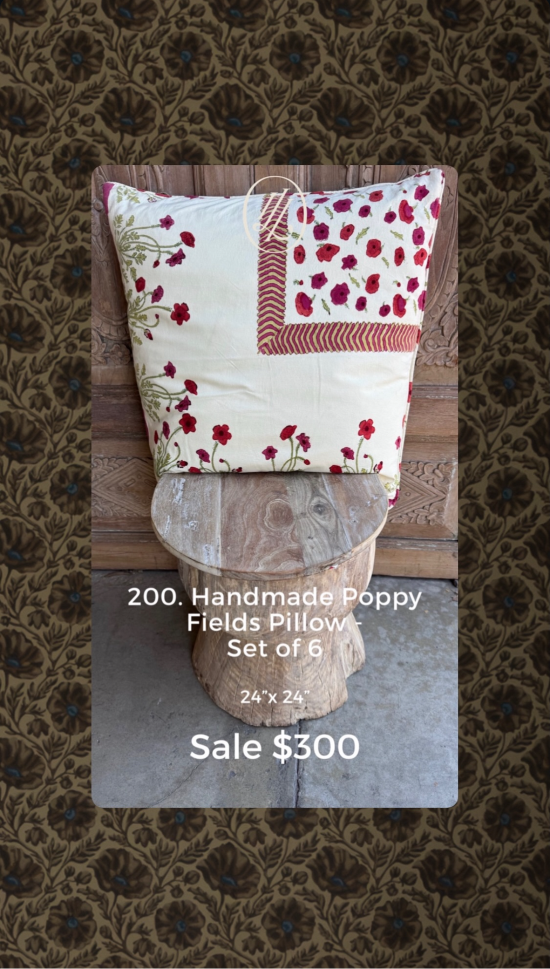 Handmade Poppy Fields Pillow - (S/6)