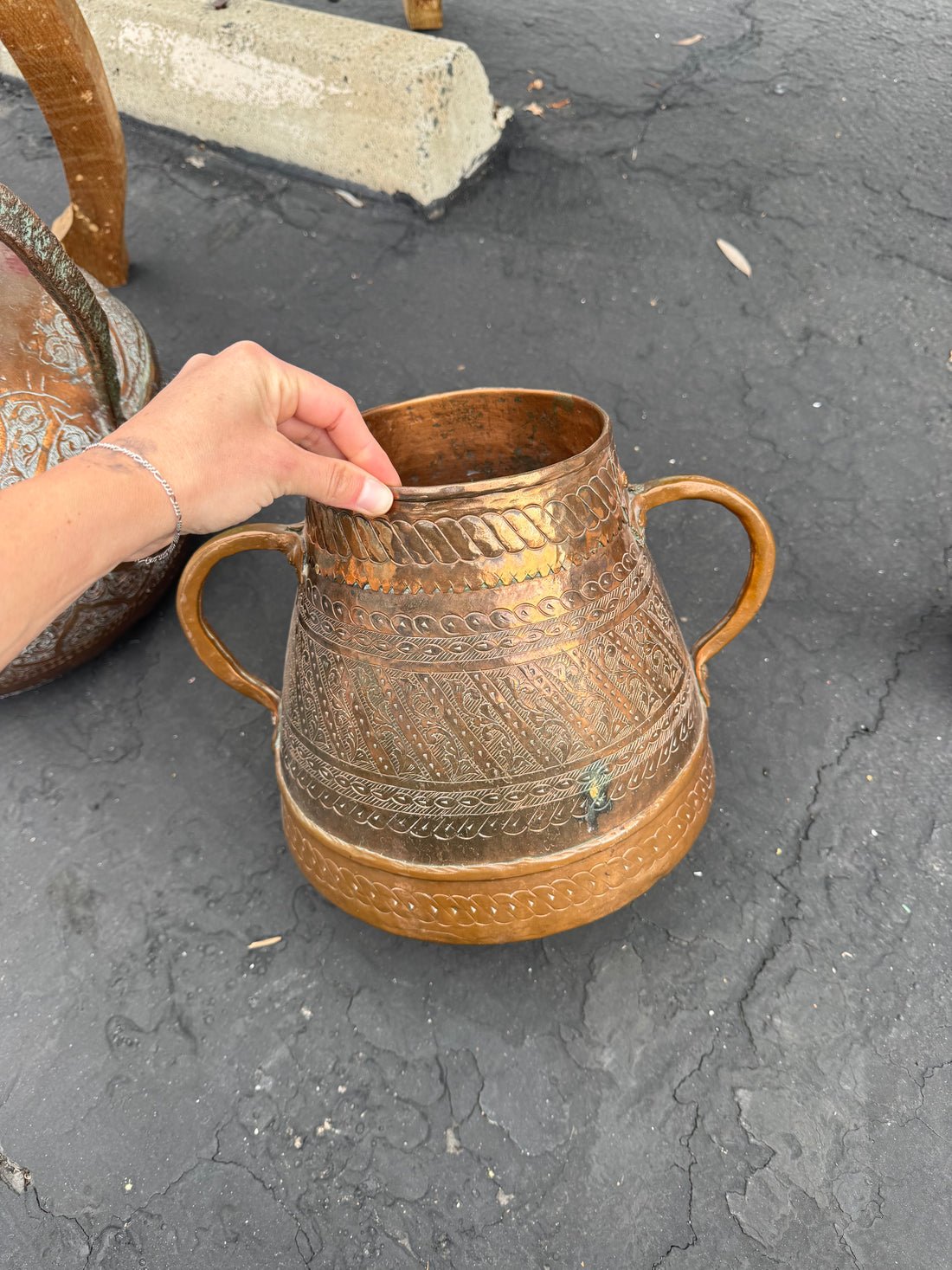 Engraved Copper Two Handle Vessel
