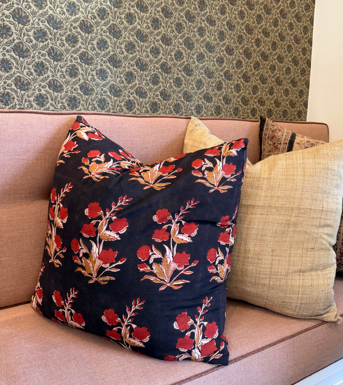 Navy Floral Block Print Pillow
