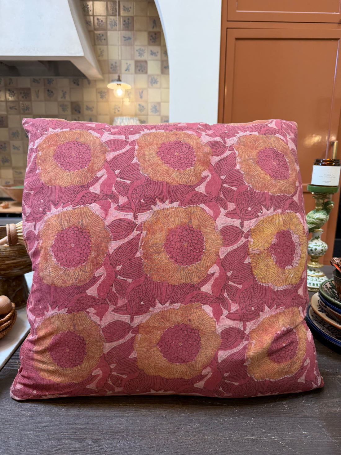 Pink and Mustard Floral Pillow