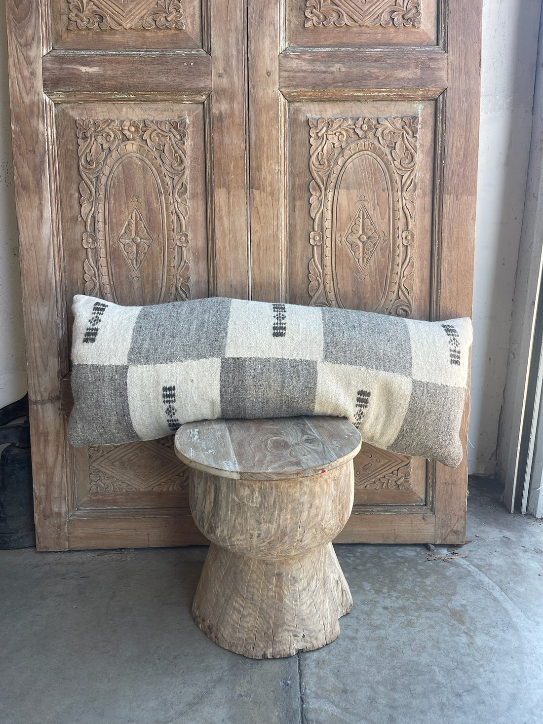 Hand Made Cream and Grey Check Lumbar