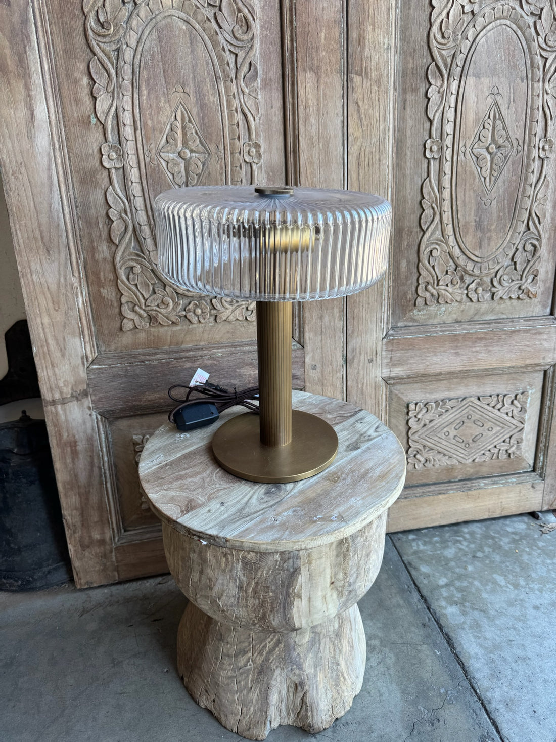 Ribbed Faceted Glass Shade with Antique Brass Finish