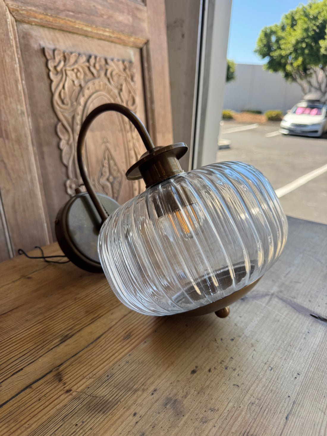 Ribbed Glass Aged Brass Sconce
