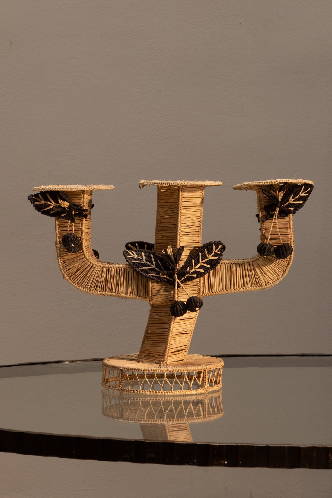 Woven Rattan Three-Light Candelabra