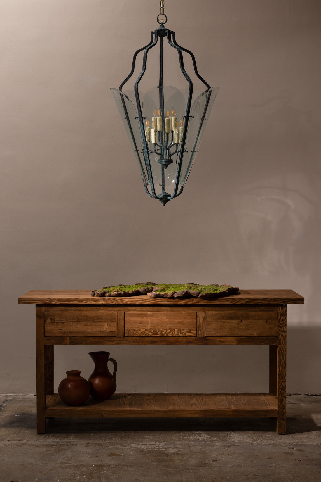 Patinated Iron & Glass Lantern Chandelier