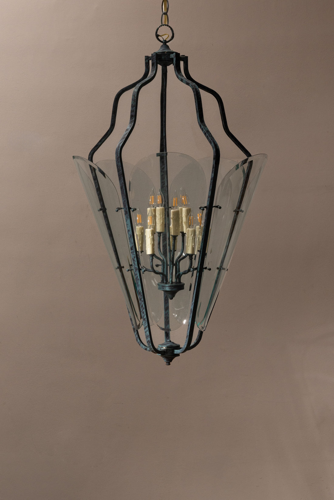Patinated Iron & Glass Lantern Chandelier
