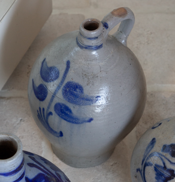 Vintage French Salt-Glazed Stoneware Jug with Cobalt Motif