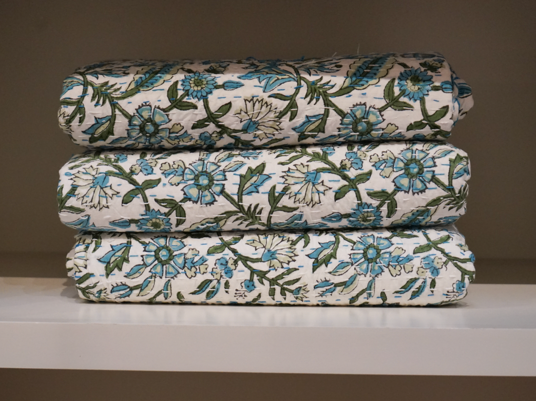 Kantha Quilt -Blue and Green Garden