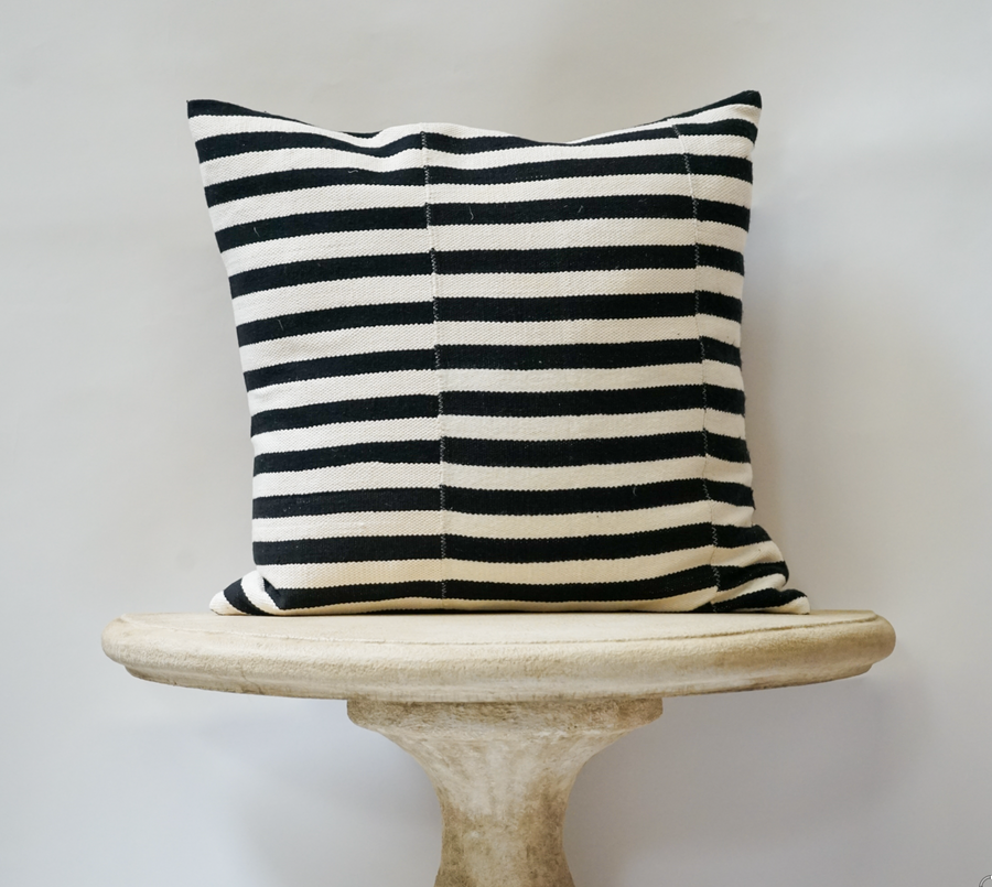 228. Handmade Textured Linen Black and White Stripe Pillow