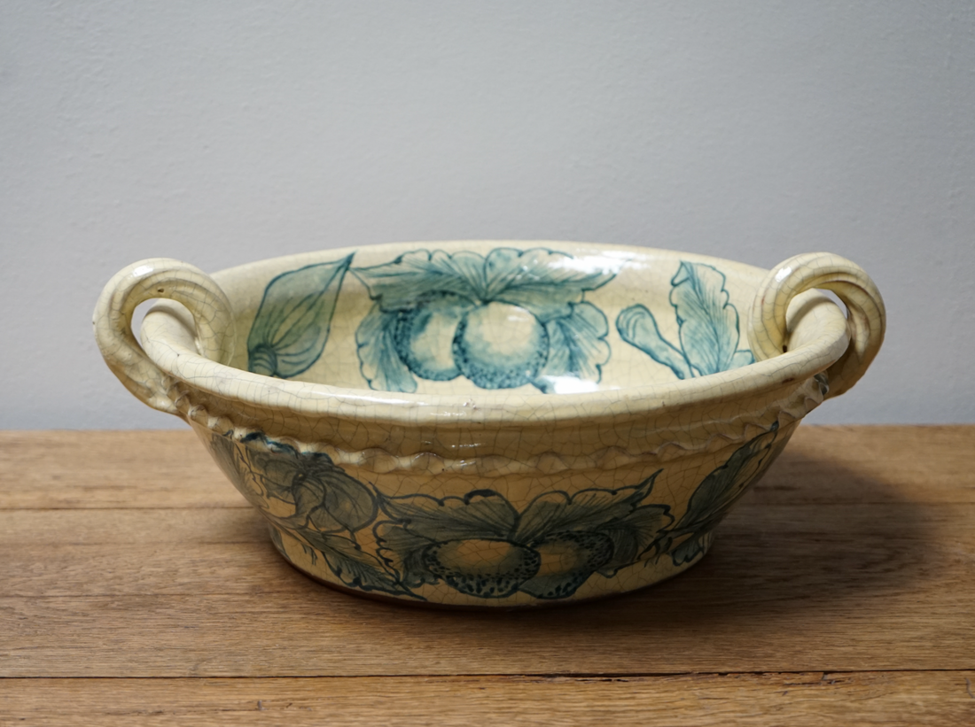 Vintage Yellow and Blue Floral and Fruit Handled Bowl