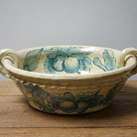 Vintage Yellow and Blue Floral and Fruit Handled Bowl