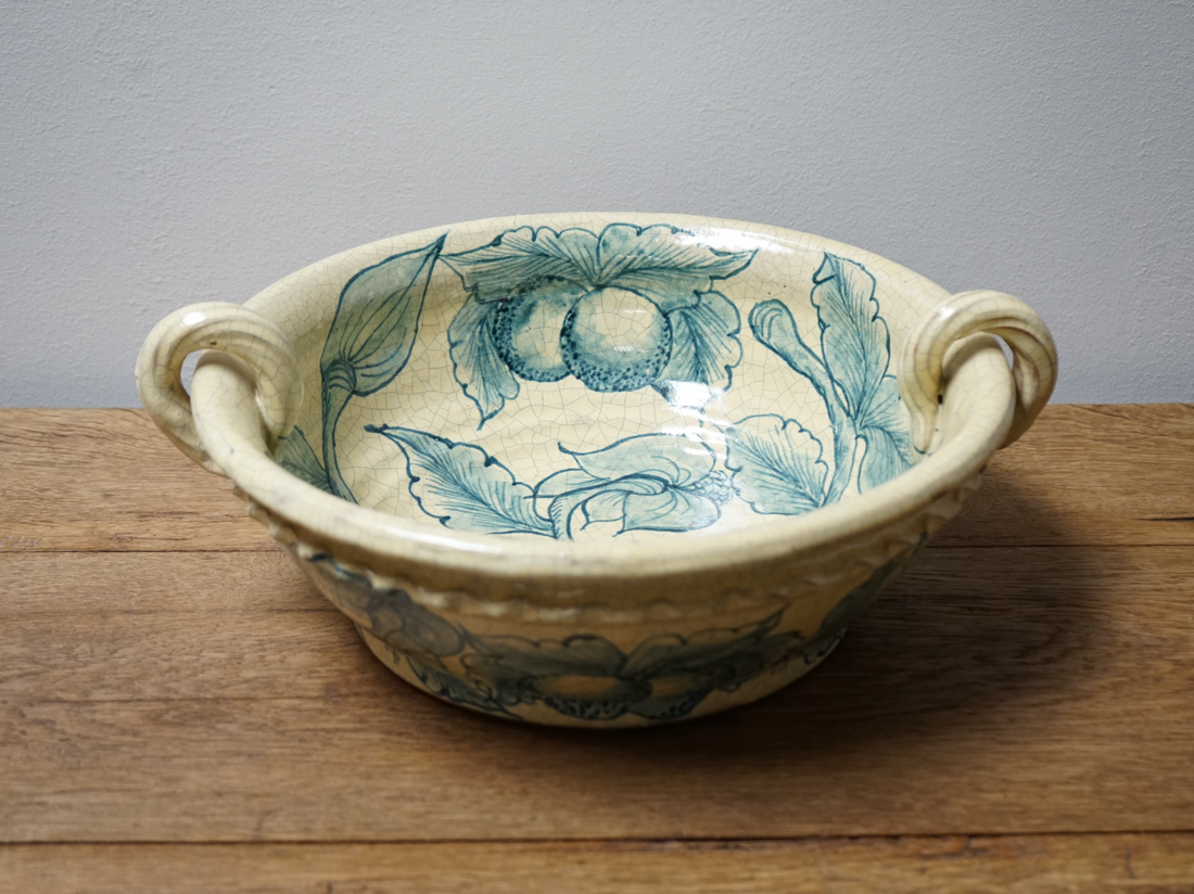 Vintage Yellow and Blue Floral and Fruit Handled Bowl