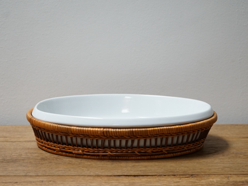 Shallow Oval Serving Bowl with Woven Basket Holder