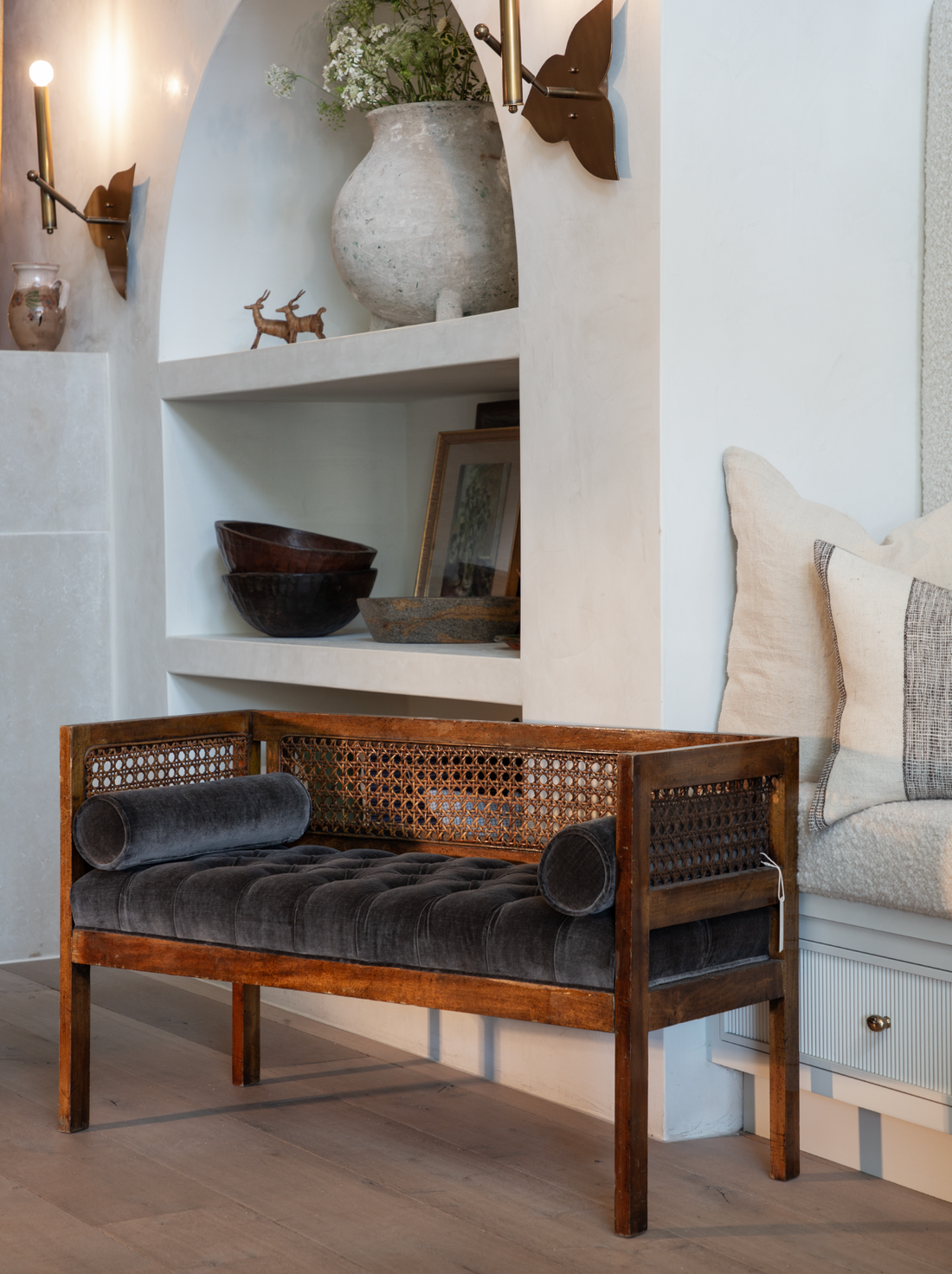 Vintage Cane and Wood Tufted Bench