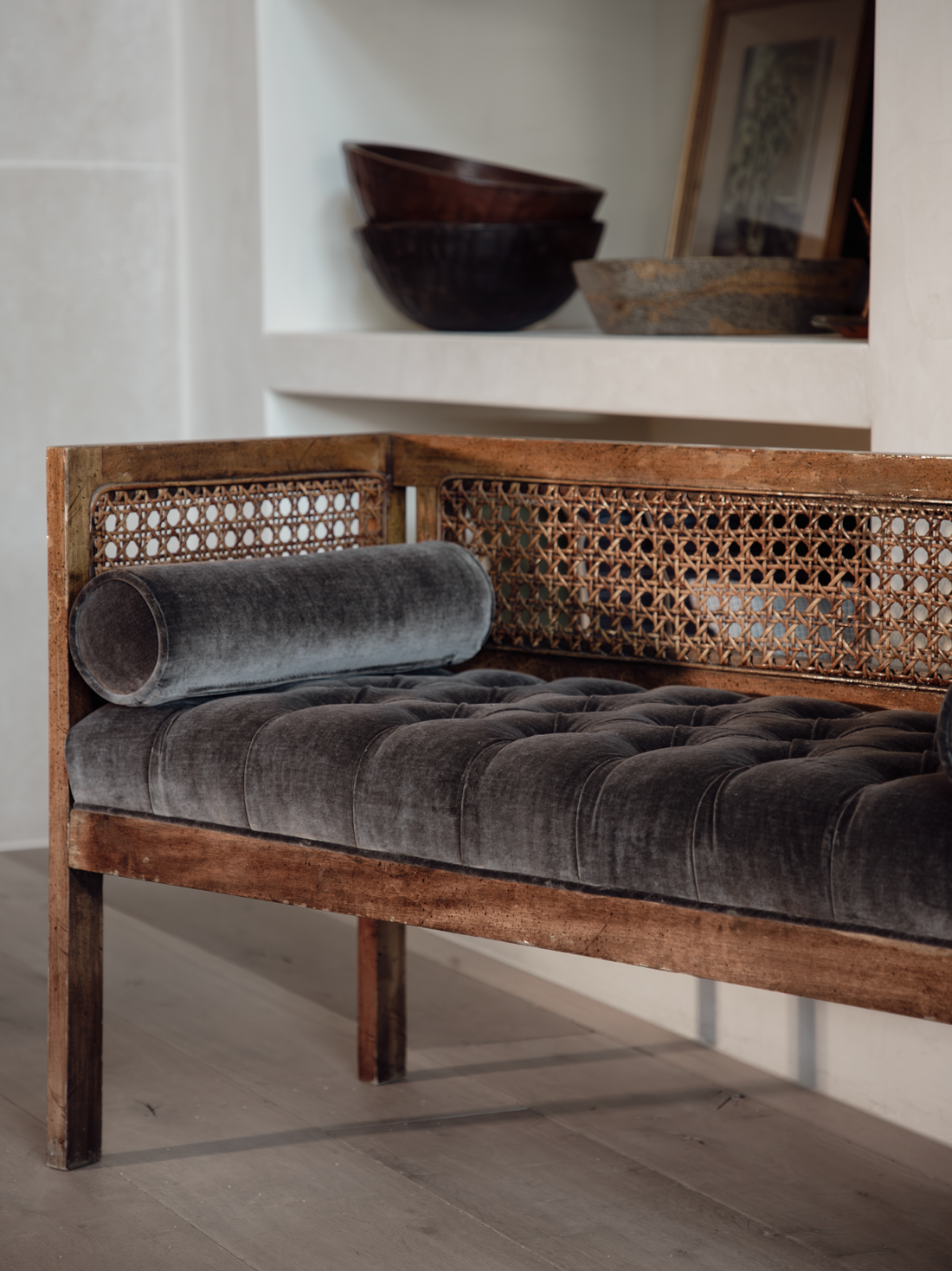 Vintage Cane and Wood Tufted Bench