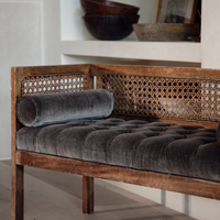 Vintage Cane and Wood Tufted Bench