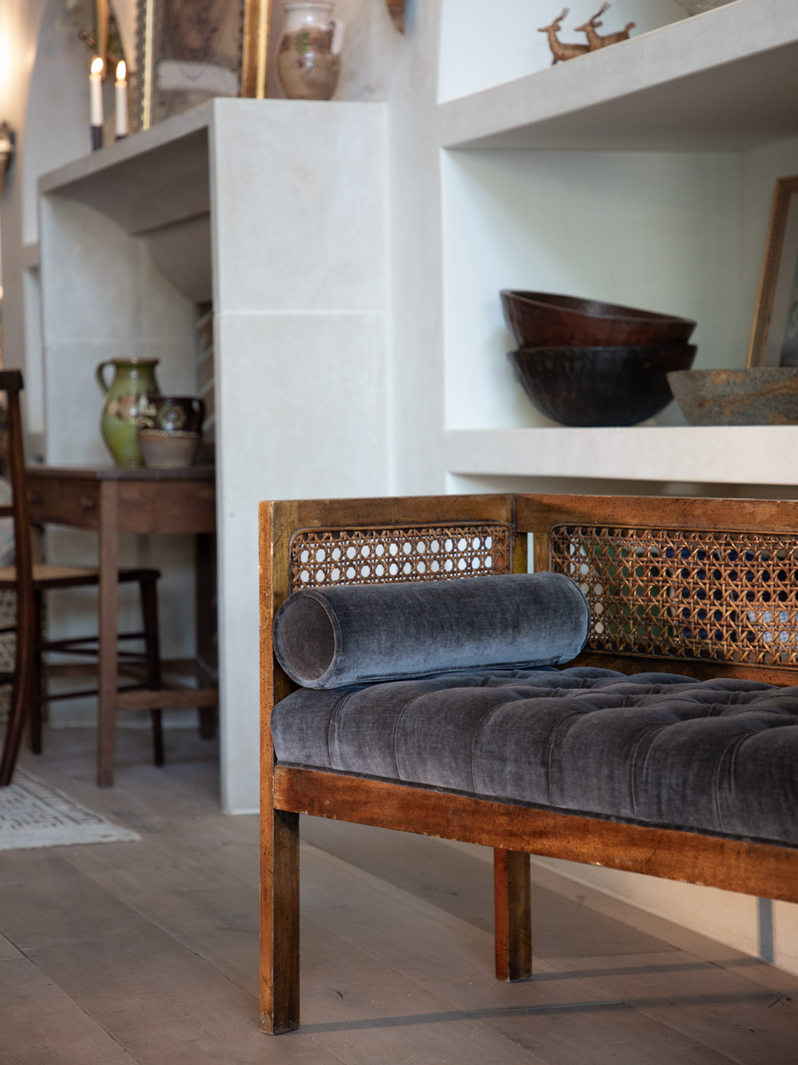 Vintage Cane and Wood Tufted Bench