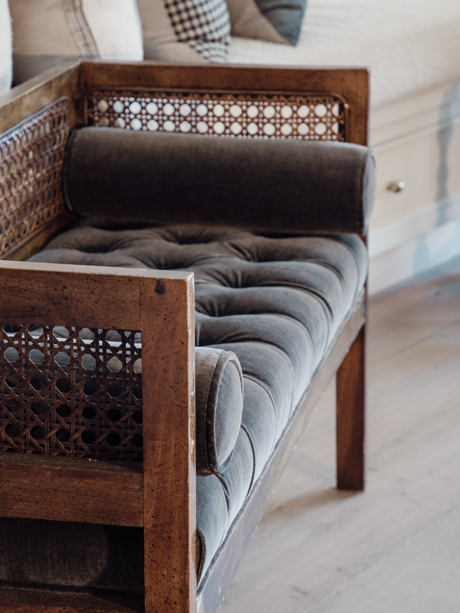 Vintage Cane and Wood Tufted Bench