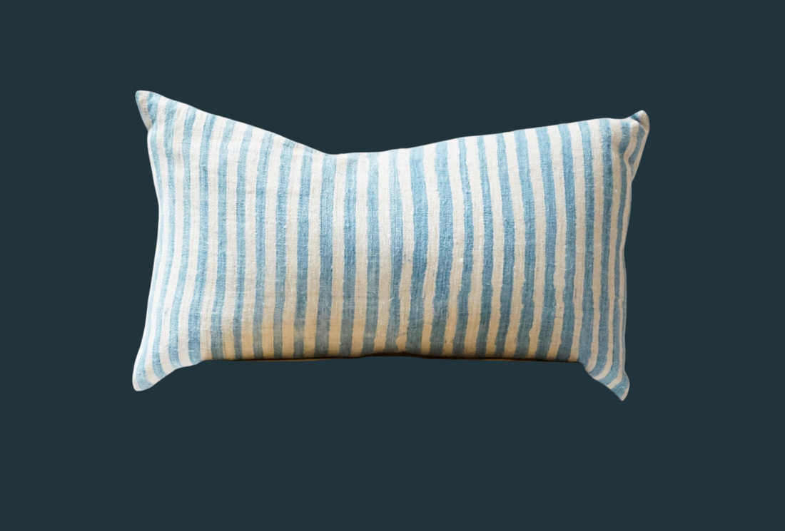43. Handmade Vintage Blue Stripe Lumbar Pillow