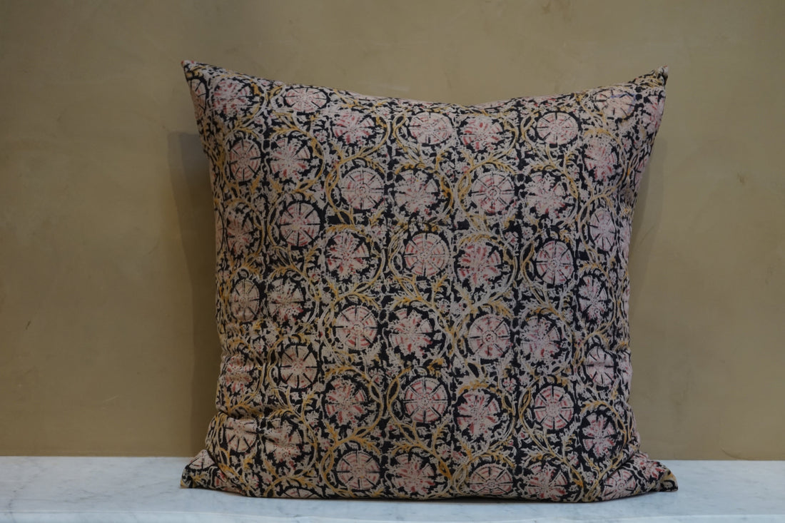 Indian Block Print Pillow - Black Pink and Yellow Floral