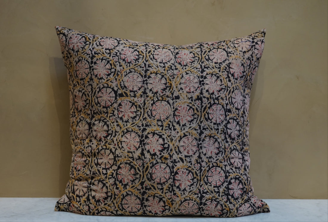 Indian Block Print Pillow - Black with Pink Mandala Yellow Floral