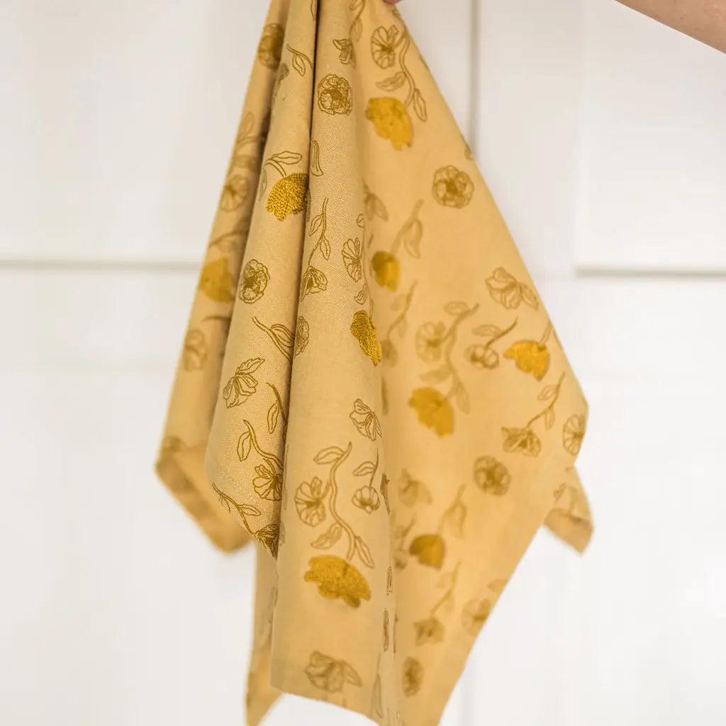 Yellow Poppy Embroidered Tea Towel