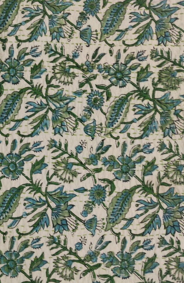 Kantha Quilt -Blue and Green Garden