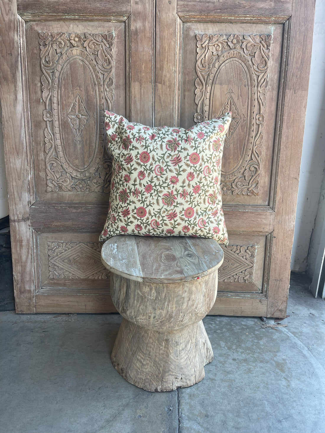 Handmade Block Print Pink Floral Pillow