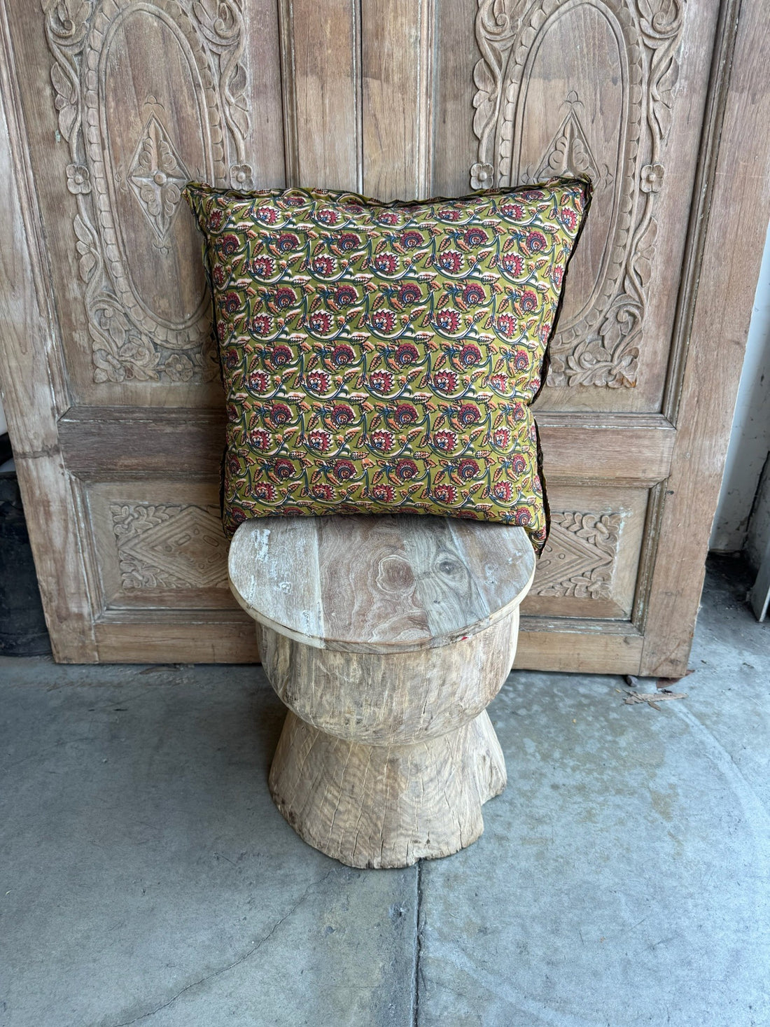 Handmade Green & Red Floral Block Print Pillow