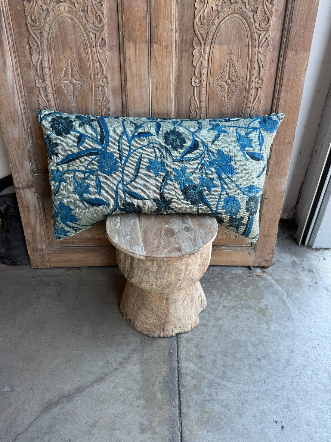 Handmade Lumbar Blue Floral Pillow