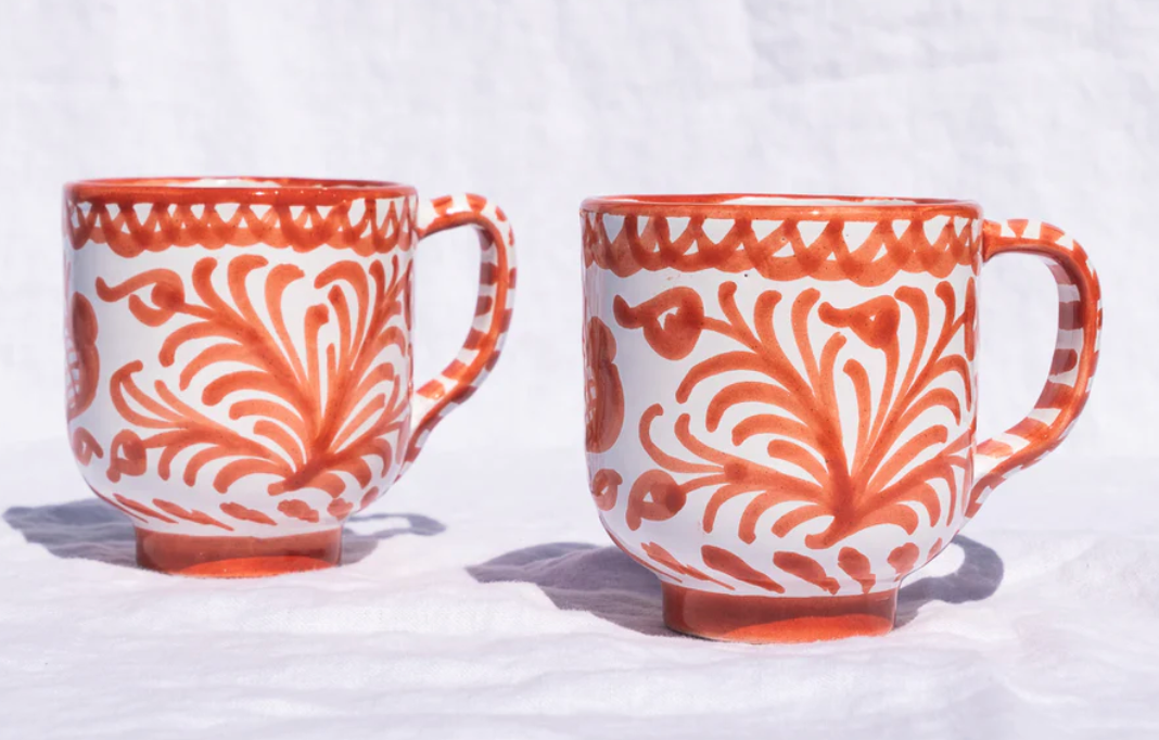 Hand Painted Coral and White Mugs (Set of 2)