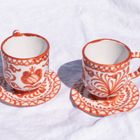 Hand Painted Coral and White Mugs (Set of 2)